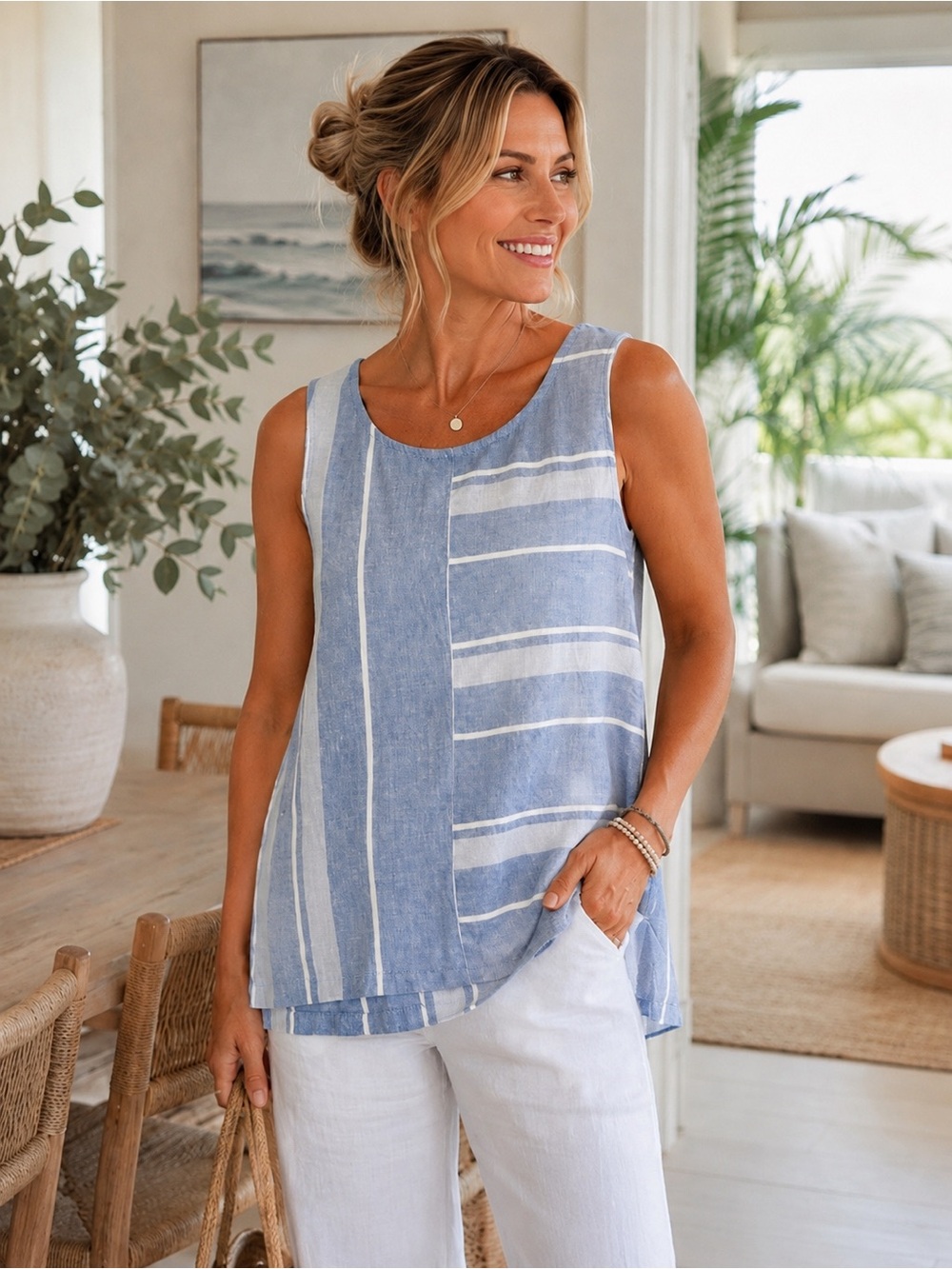 Ellen Tracy 100% Linen Sleeveless‎ Tunic Top blue Stripe Hi Low Hem Size Small